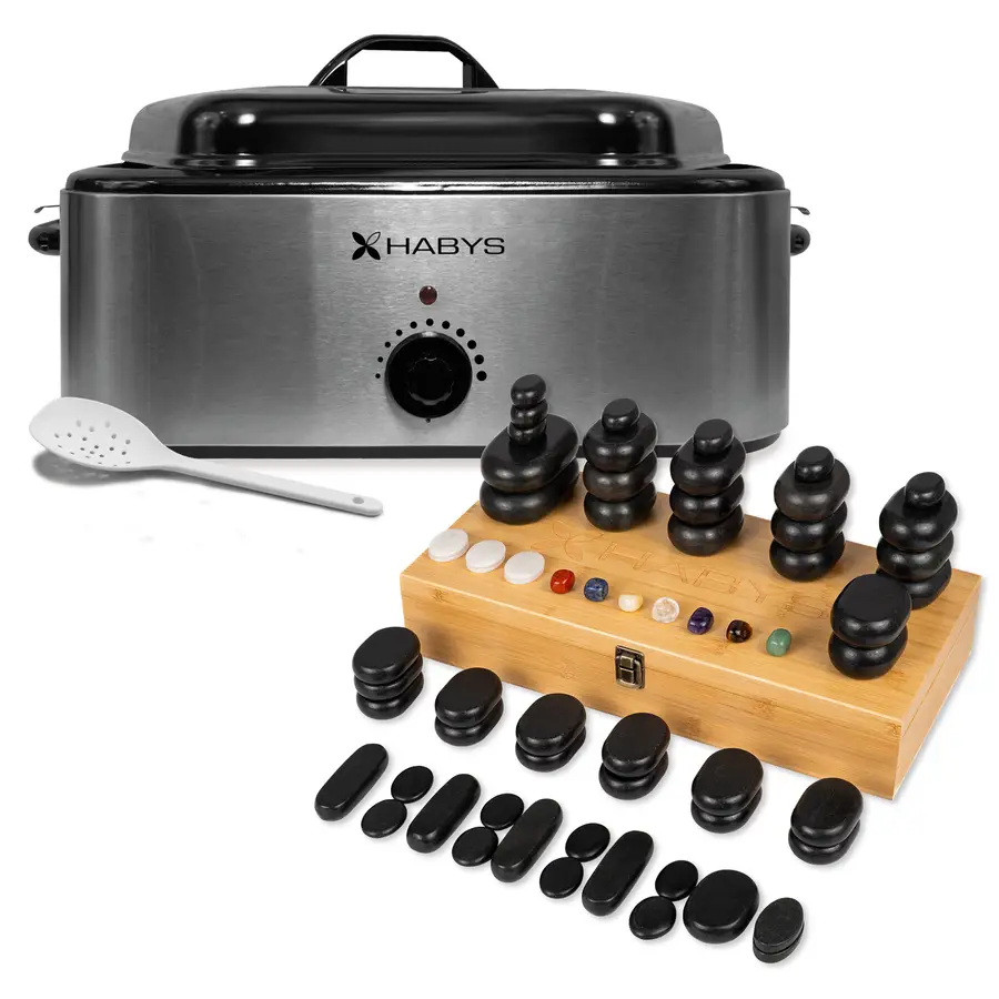 Set - 64 pierres de massage, chauffe-pierres 17 l (commande analogique)
