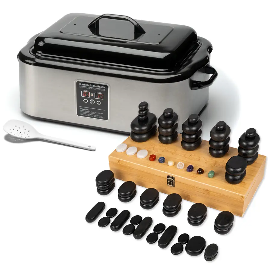 Set - 64 pierres de massage, chauffe-pierres 17 l (commande numérique)
