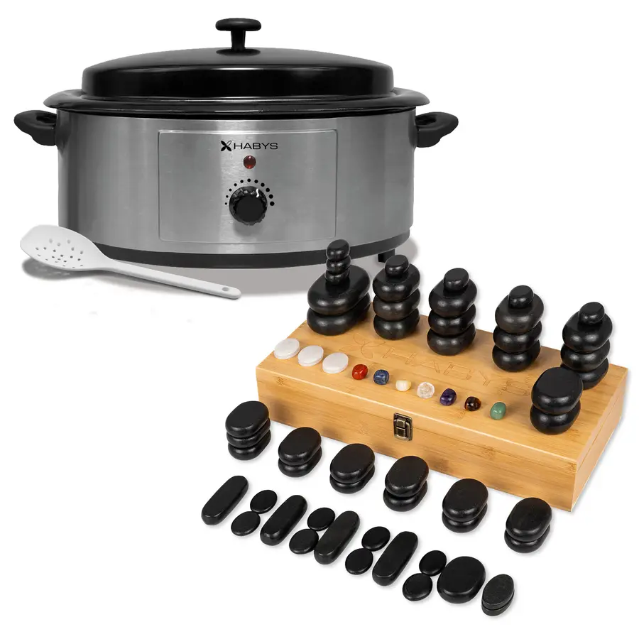 Set - 64 pierres de massage, chauffe-pierres 6 l (commande analogique)