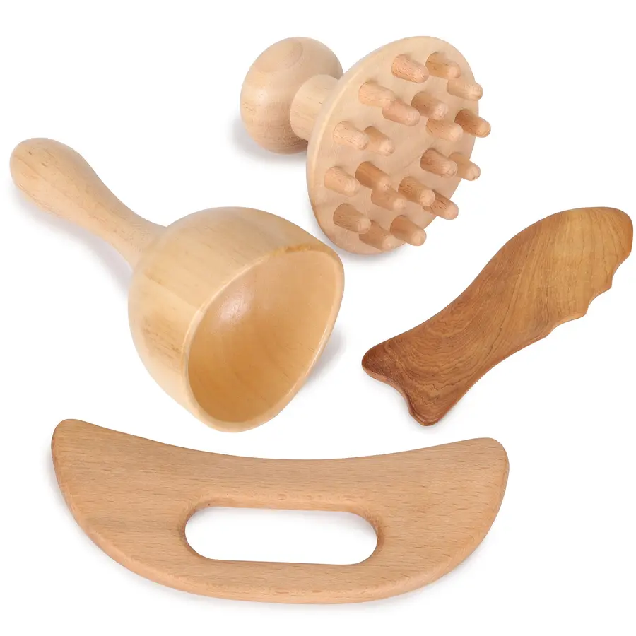Set d'outils de massage en bois, 4 pièces