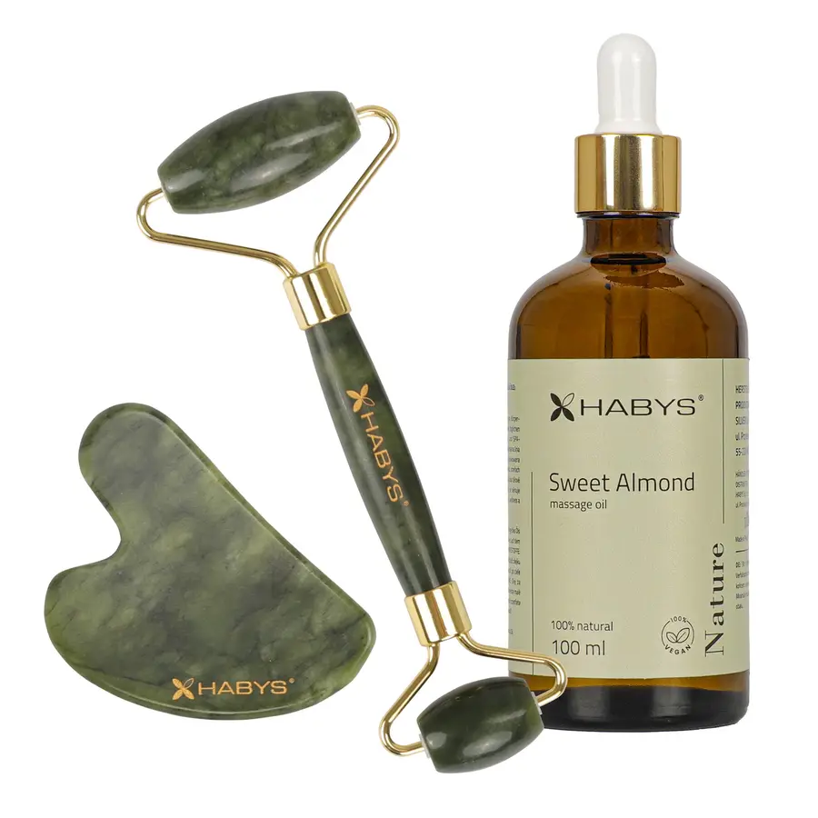 Set de massage du visage HABYS : pierre Gua Sha en jade + roller + huile d'amande naturelle 100 ml