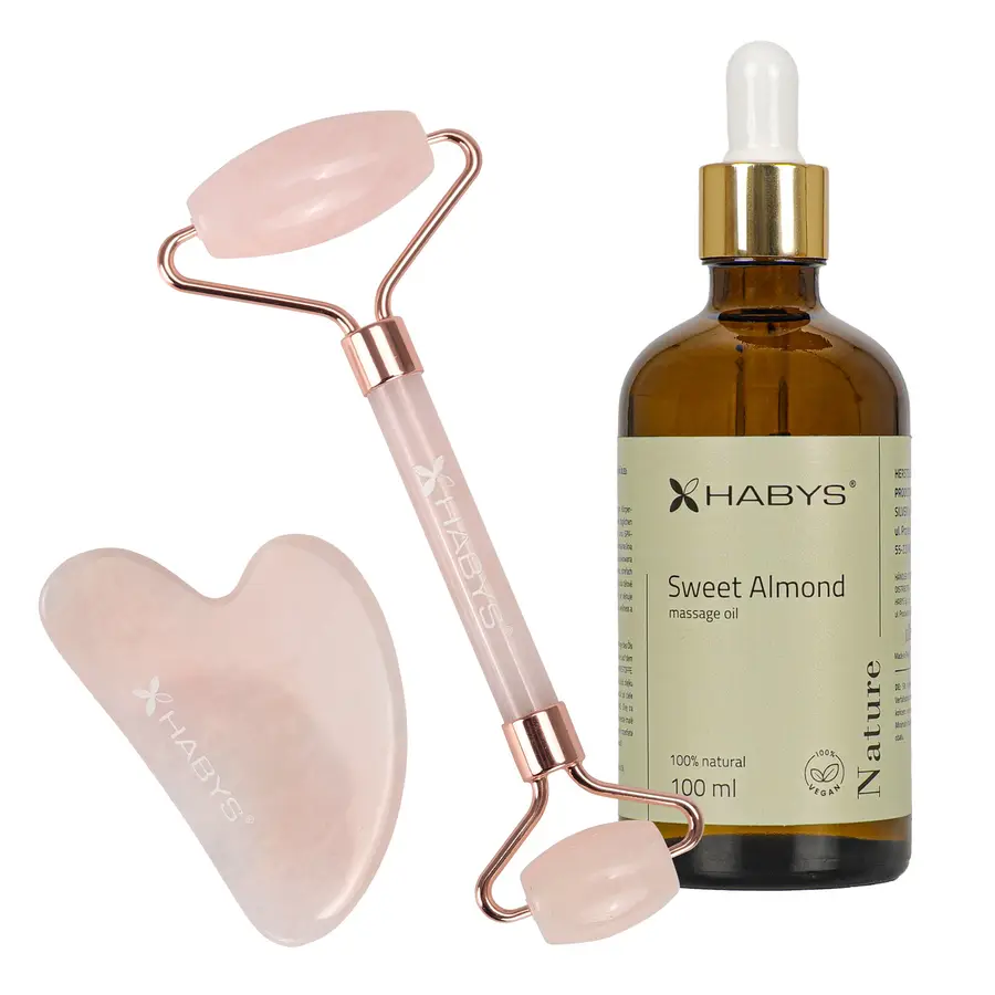 Set de massage du visage HABYS : pierre Gua Sha + roller en quartz rose + huile d'amande naturelle 100 ml