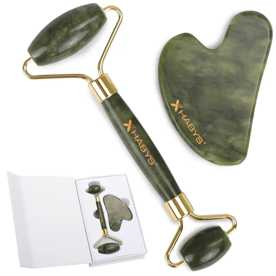 Set de massage Gua Sha en jade - pierre, roller