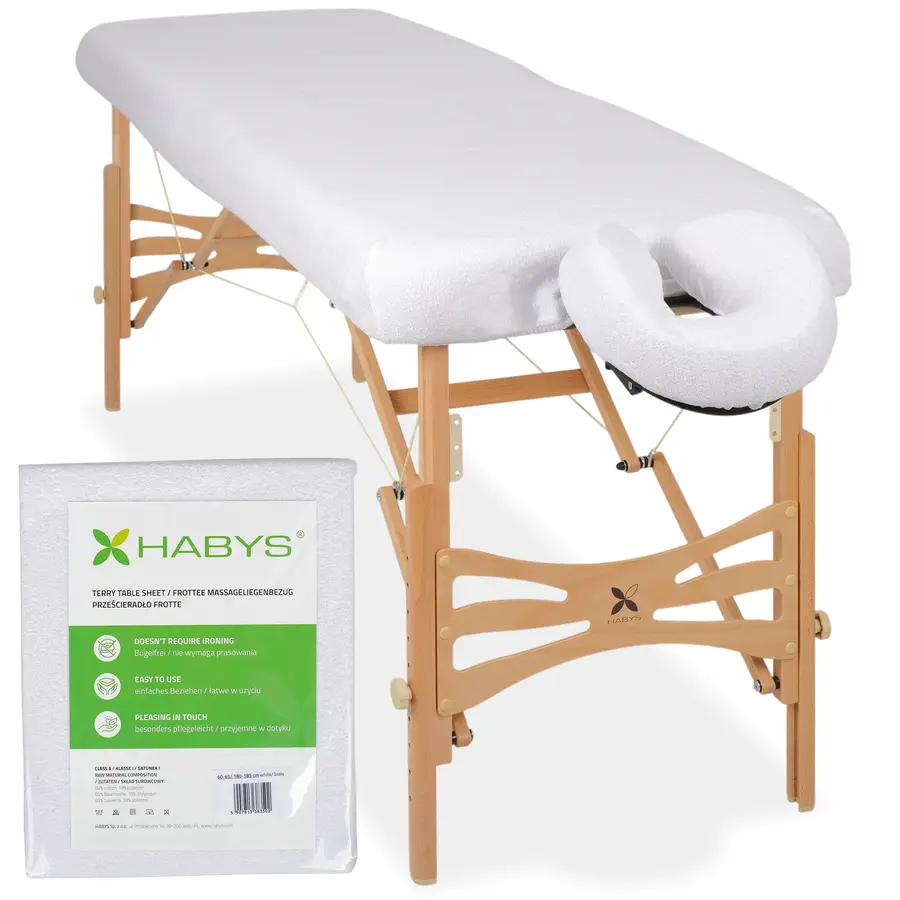 Set - Drap éponge 1 pièce pour tables pliantes 60-65/180-185, housse éponge pour têtière blanche