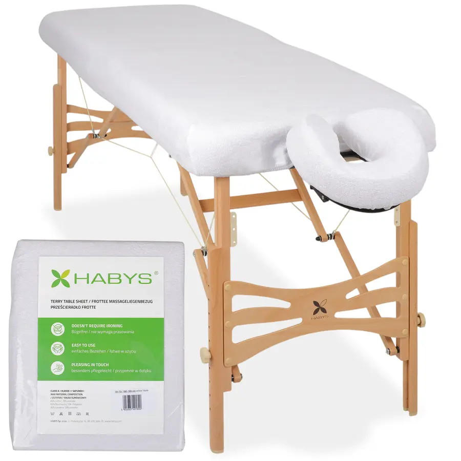 Set - Drap éponge 1 pièce pour tables pliantes 70-75/180-185, housse éponge pour têtière blanche