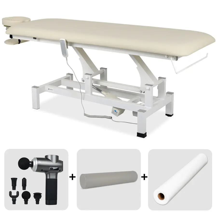 Table de rééducation et de massage électrique Fortis 1. Set avec pistolet de massage, rouleau de rééducation et drap d'examen en intissé – télécommande seule