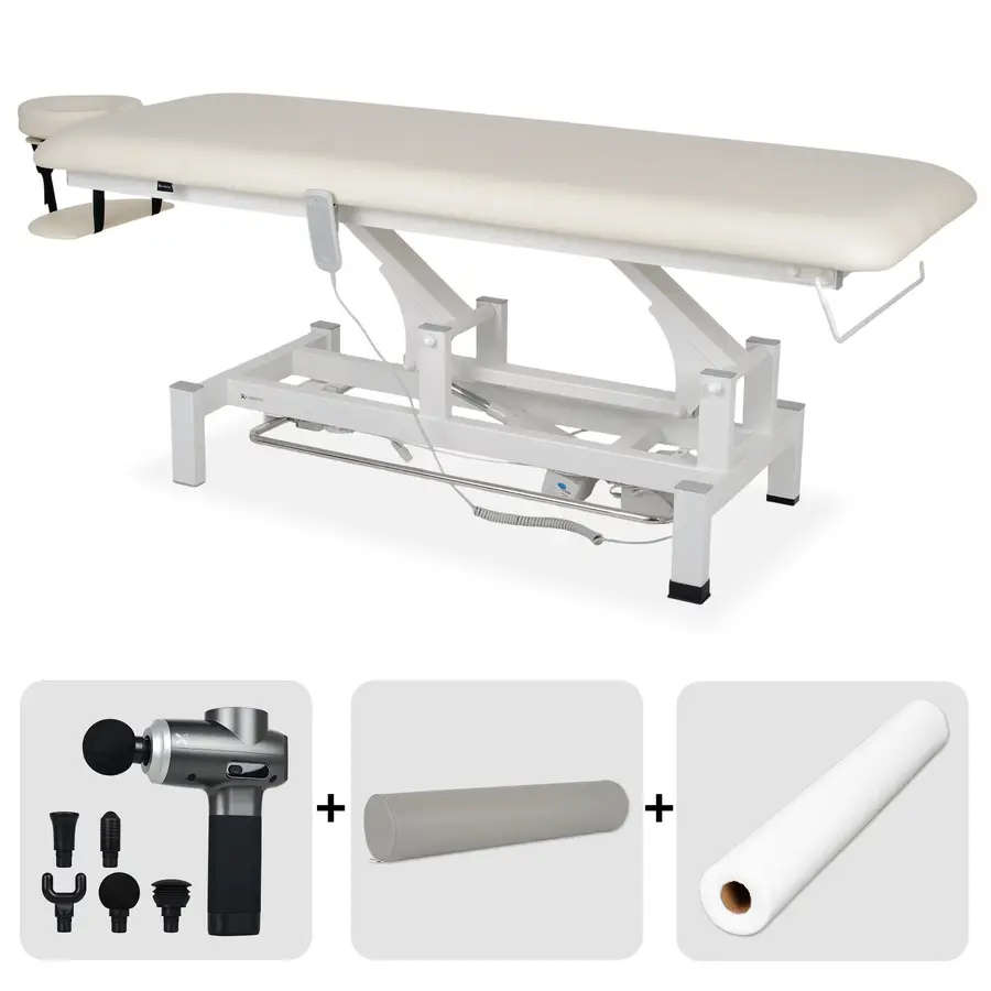 Table de rééducation et de massage électrique Fortis 1. Set avec pistolet de massage, rouleau de rééducation et drap d'examen en intissé – avec cadre de commande