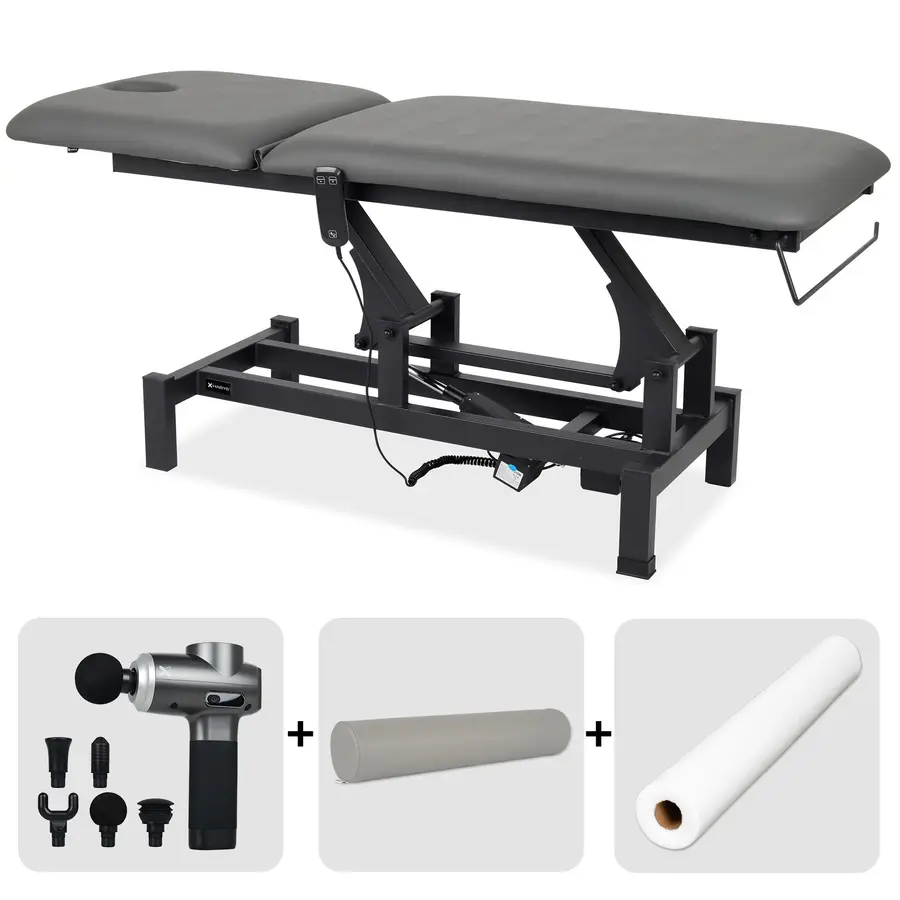 Table de rééducation et de massage électrique Fortis 2. Set avec pistolet de massage, rouleau de rééducation et drap d'examen en intissé – télécommande seule – réf. 2436