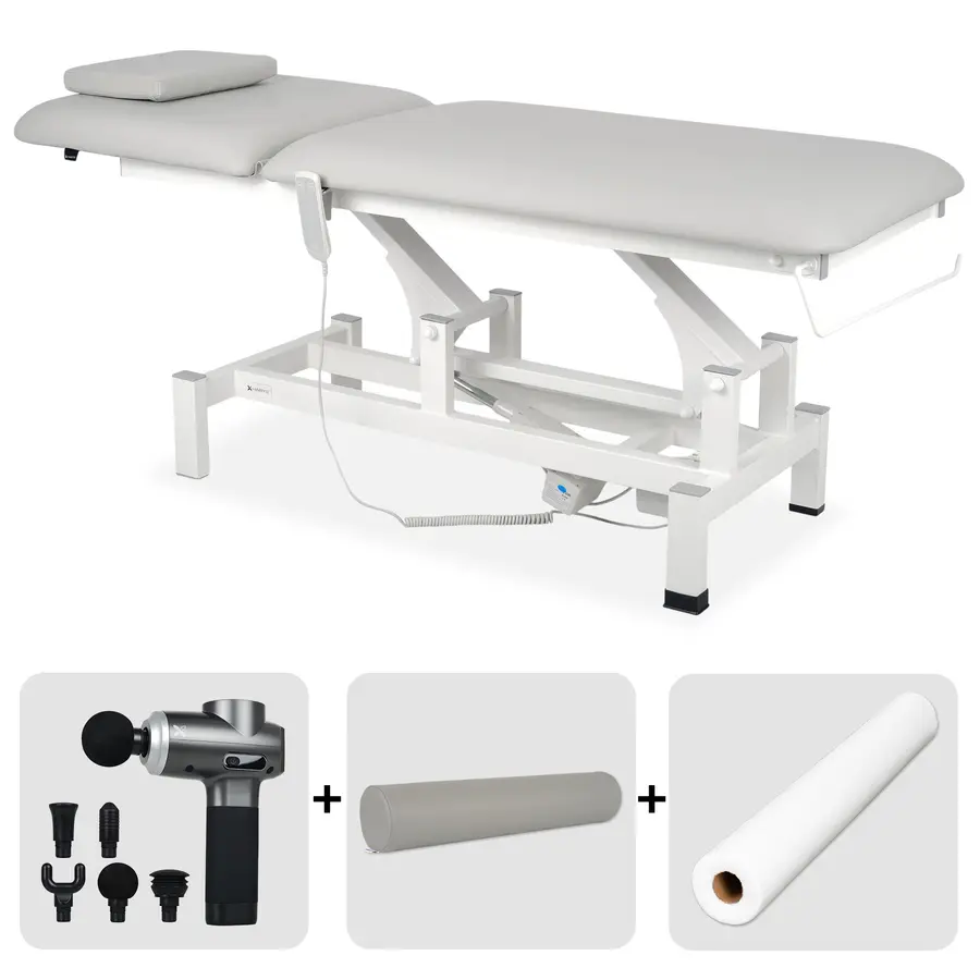 Table de rééducation et de massage électrique Fortis 2. Set avec pistolet de massage, rouleau de rééducation et drap d'examen en intissé – télécommande seule – réf. 2441