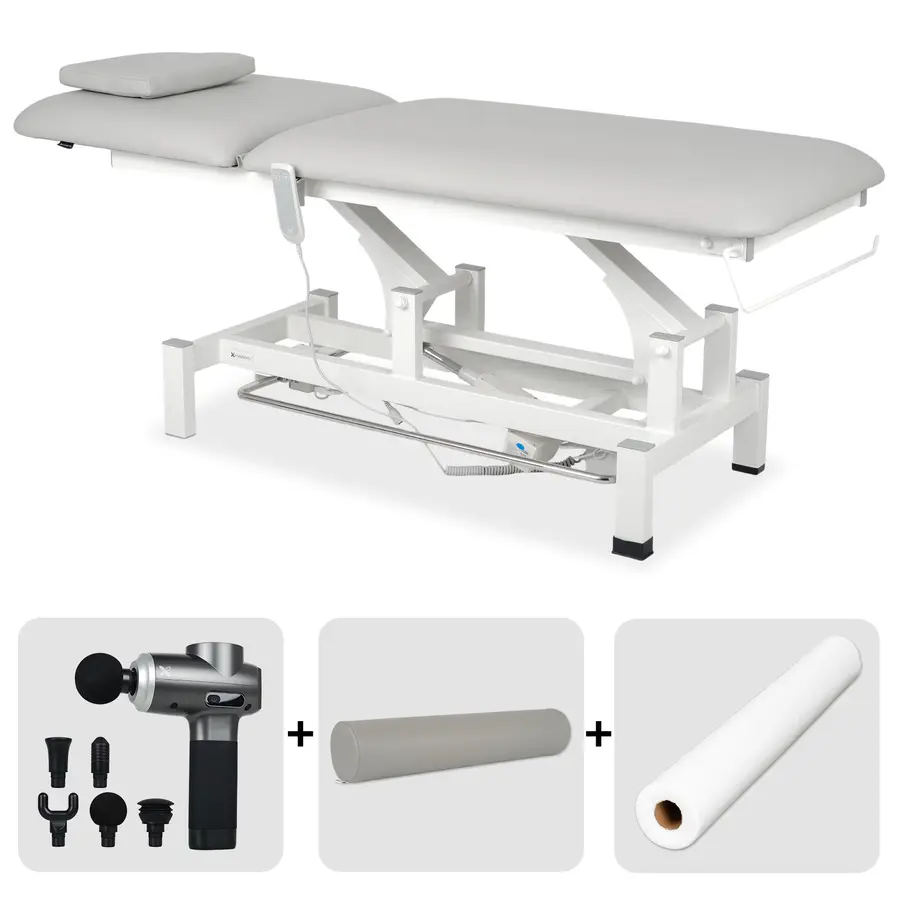 Table de rééducation et de massage électrique Fortis 2. Set avec pistolet de massage, rouleau de rééducation et drap d'examen en intissé – avec cadre de commande