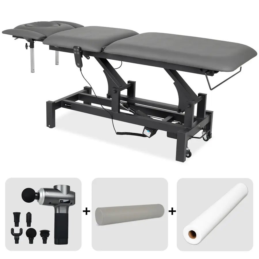 Table de rééducation et de massage électrique Fortis 5 Ergo. Set avec pistolet de massage, rouleau de rééducation et drap d'examen en intissé