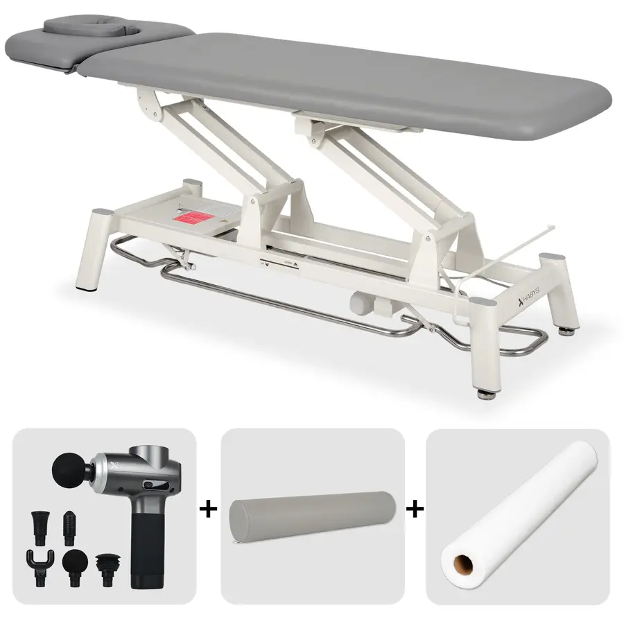 Table de rééducation et de massage électrique Proxima V2 Ergo. Set avec pistolet de massage, rouleau de rééducation et drap d'examen en intissé