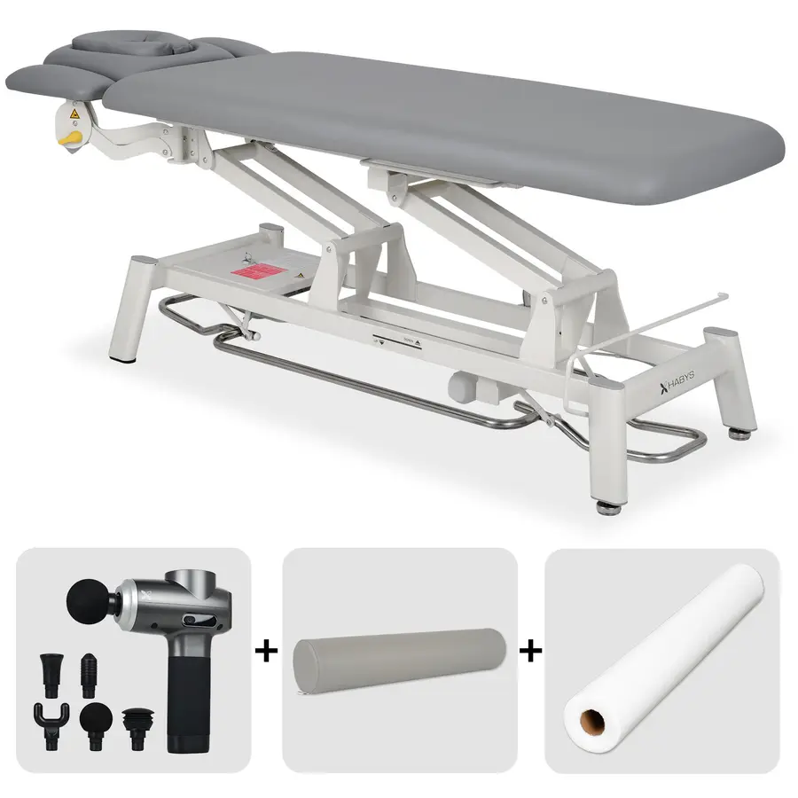 Table de rééducation et de massage électrique Proxima V4 Ergo. Set avec pistolet de massage, rouleau de rééducation et drap d'examen en intissé