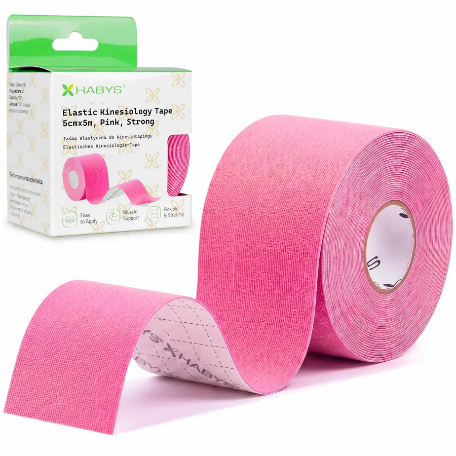 Tape de kinésiologie, bande élastique, 5 cm × 5 m, rose, Strong | Habys