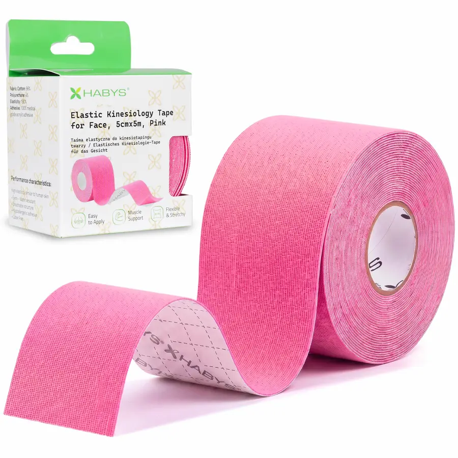 Tape de kinésiologie pour le visage, 5 cm × 5 m, rose, Face | Habys